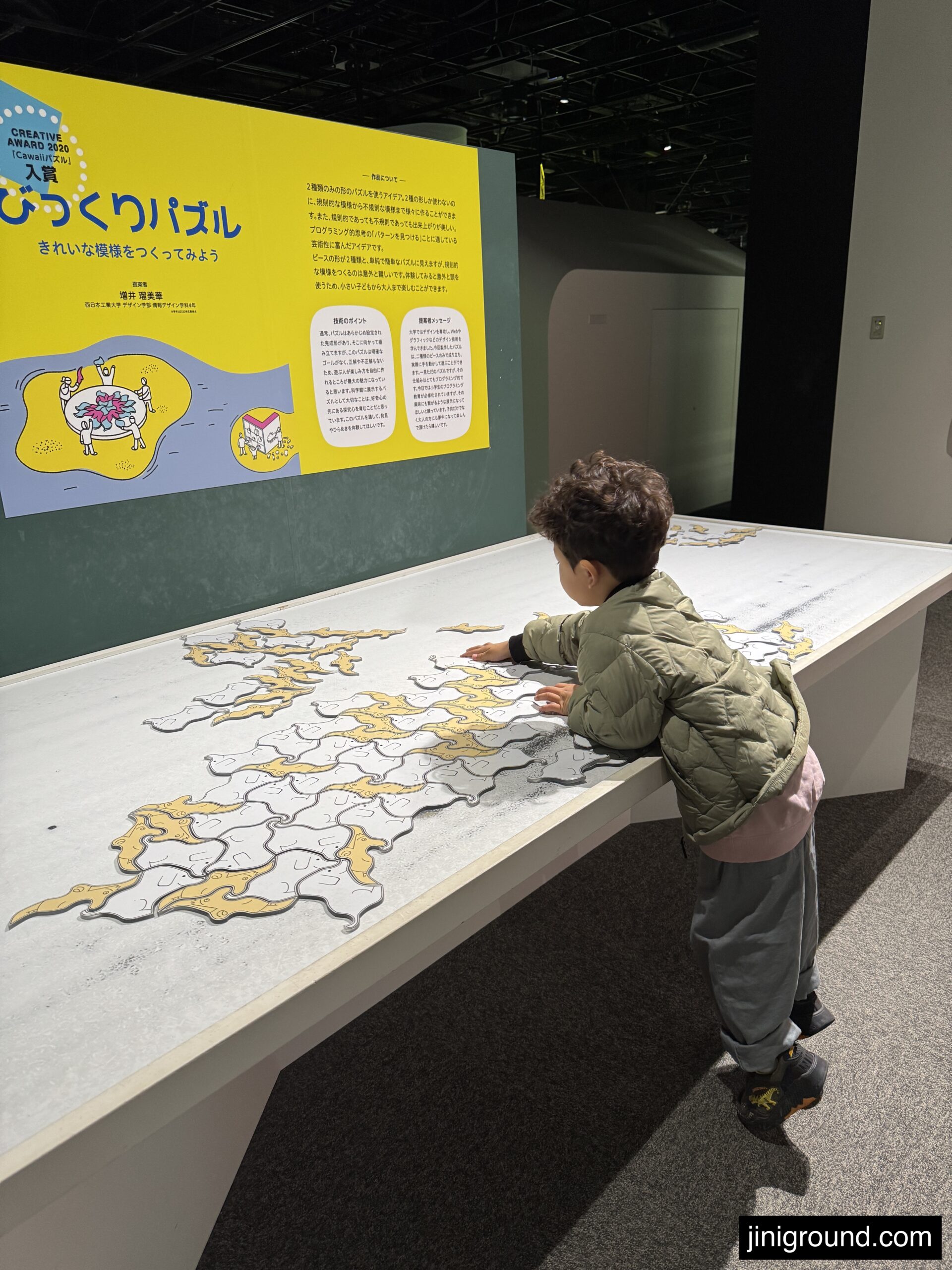 Boy concentrating on solving animal shaped magnetic puzzle board at Fukuoka Science Museum
