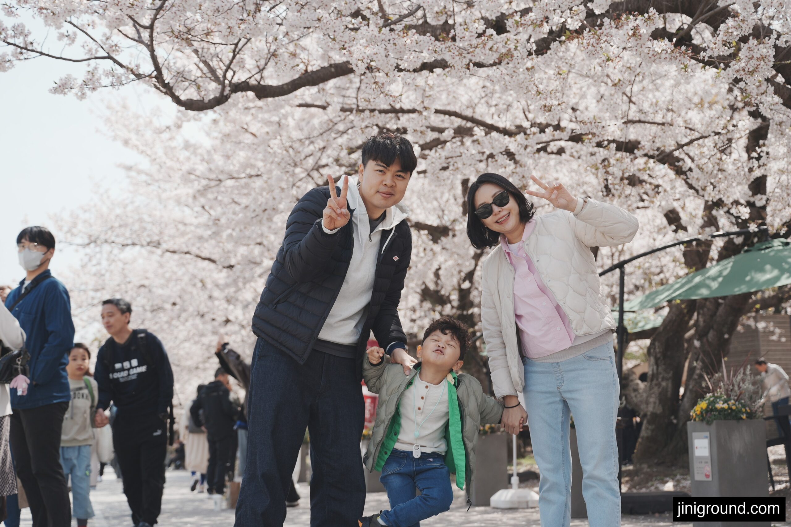 Family of three posing under cherry blossoms at Ohori Park Fukuoka Japan spring travel