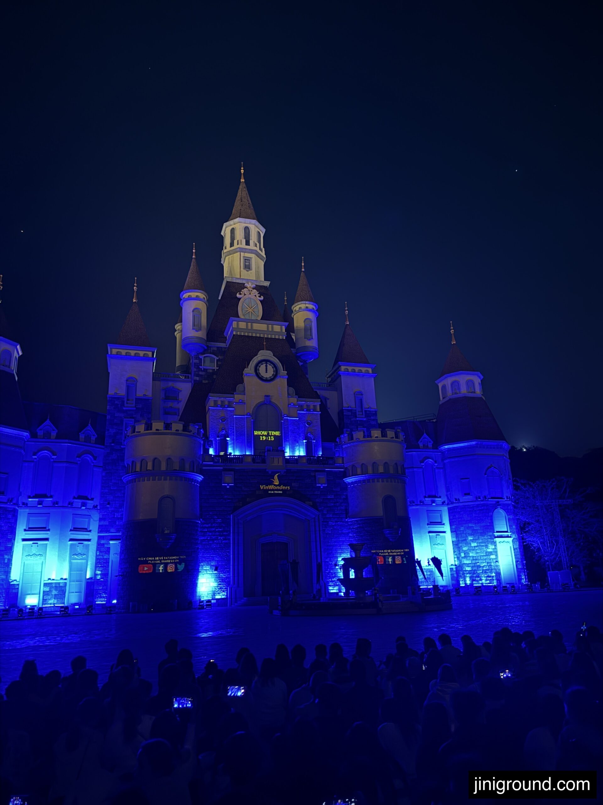 VinWonders castle illuminated with blue lights at night Nha Trang Vietnam