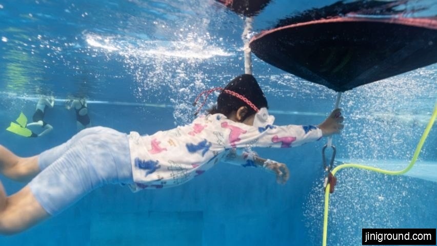 Child freediving underwater at Osan Theme Diving Pool during a beginner lesson